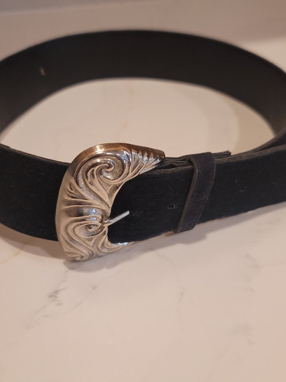 Black Velveteen Wide Belt Large Silver Scroll Western Buckle 36" Size L